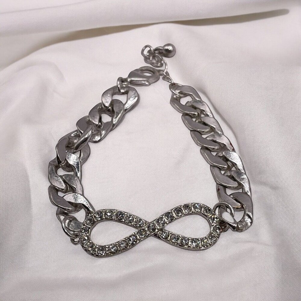 Infinity Symbol Silver‎ Tone Chunky Chain Icy Clear Pave Rhinestone Bracelet